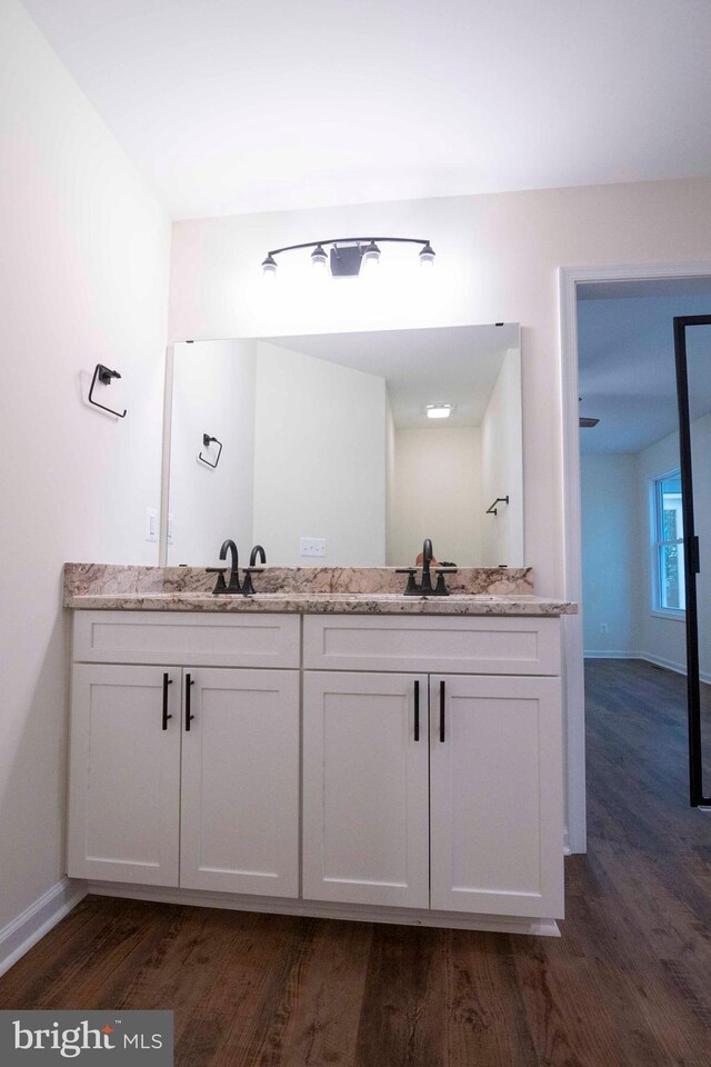 bathroom with wood-type flooring and vanity