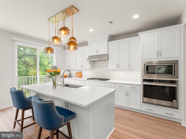 kitchen featuring light hardwood / wood-style flooring, appliances with stainless steel finishes, white cabinetry, and sink