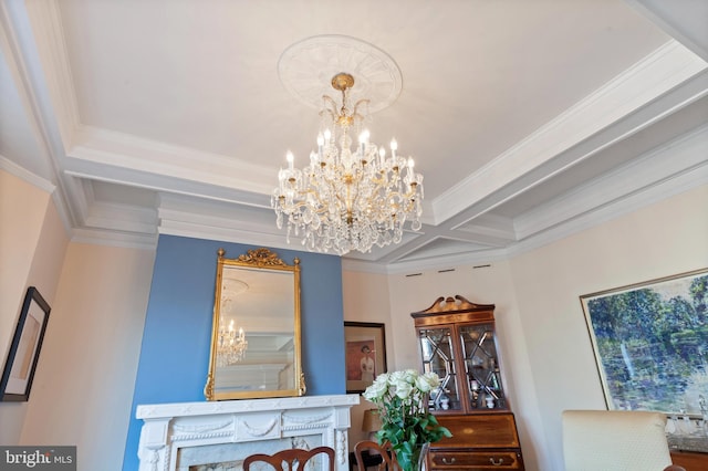 interior space with ornamental molding, coffered ceiling, a notable chandelier, and beamed ceiling