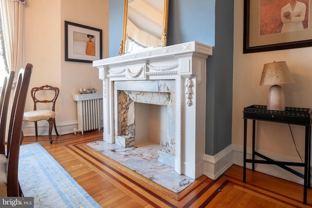 room details with baseboards, a fireplace, wood finished floors, and radiator