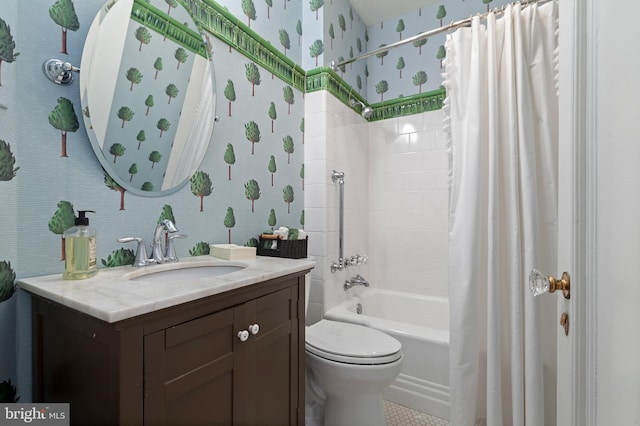 full bathroom with vanity, toilet, and shower / bathtub combination with curtain