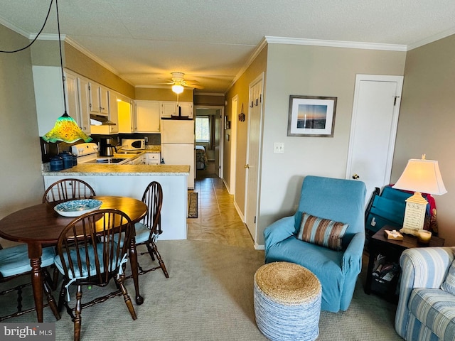 kitchen with electric range oven, ornamental molding, freestanding refrigerator, and under cabinet range hood