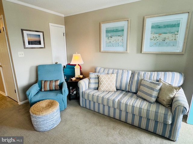 carpeted living area featuring crown molding