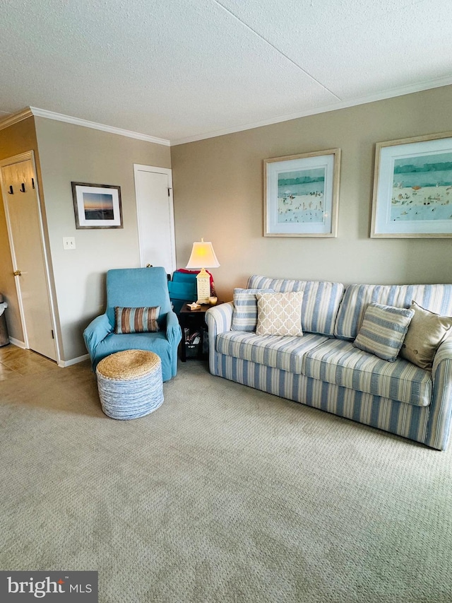 living area featuring carpet, a textured ceiling, and crown molding