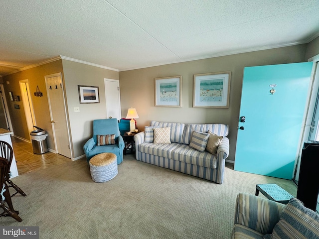 living room with a textured ceiling, carpet, and crown molding