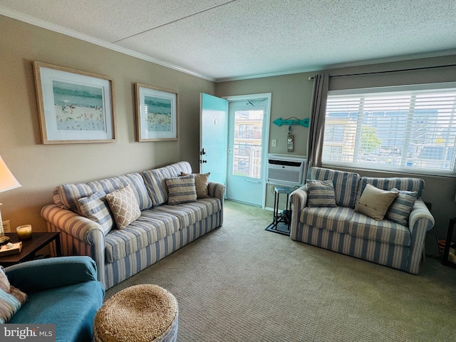 carpeted living area with ornamental molding, cooling unit, and a textured ceiling