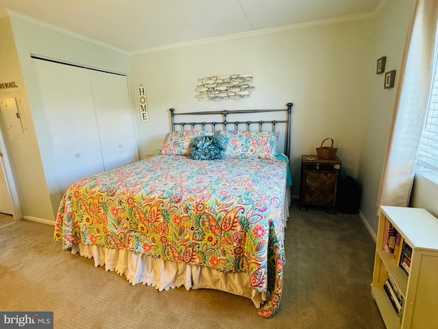 carpeted bedroom featuring ornamental molding, a closet, and baseboards