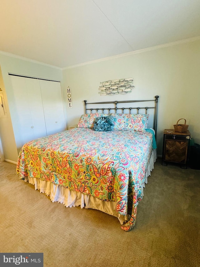 bedroom featuring carpet floors, ornamental molding, and a closet