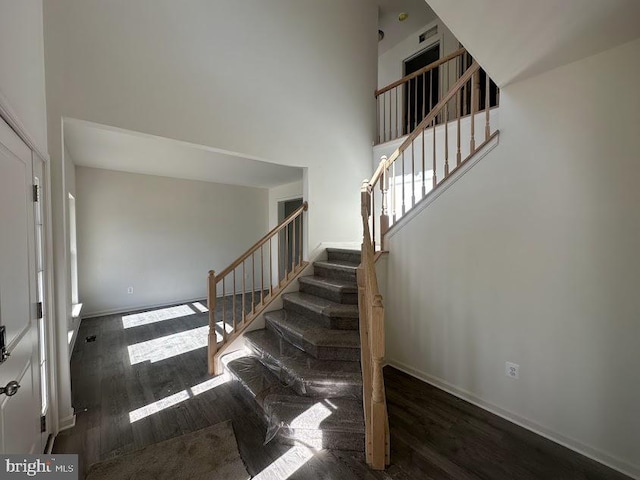 staircase with hardwood / wood-style flooring and a high ceiling