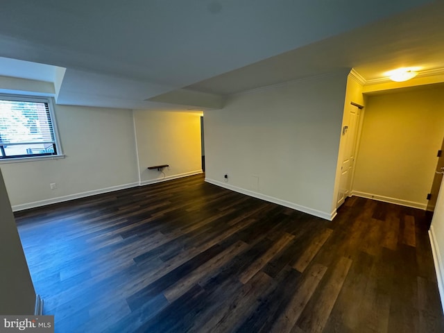 basement featuring dark hardwood / wood-style floors and ornamental molding