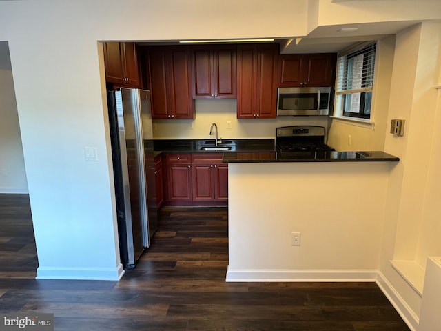 kitchen featuring appliances with stainless steel finishes, kitchen peninsula, dark wood-type flooring, and sink