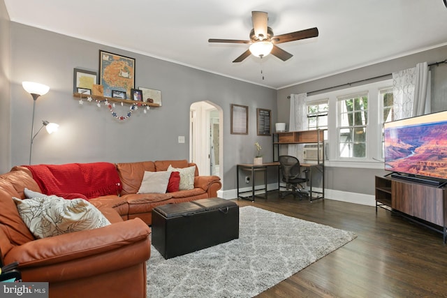 living room with ceiling fan, dark hardwood / wood-style floors, and ornamental molding