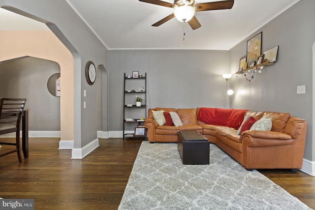 living room with dark wood-type flooring, ceiling fan, and ornamental molding