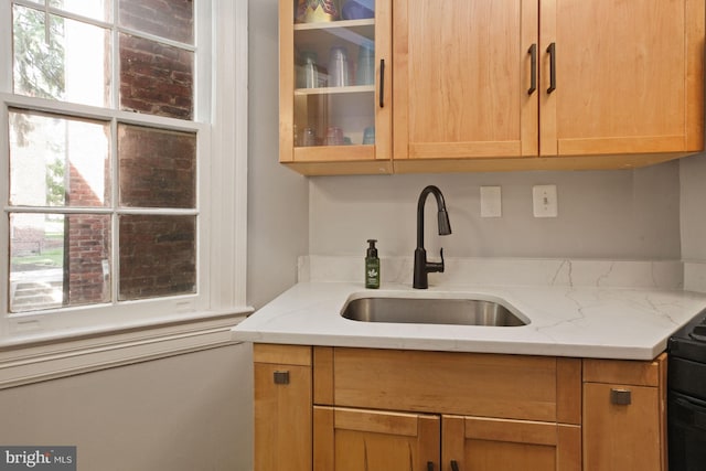 kitchen with light stone countertops, black range with electric stovetop, and sink