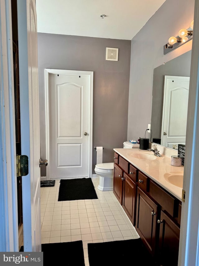 bathroom with vanity, toilet, and tile patterned flooring