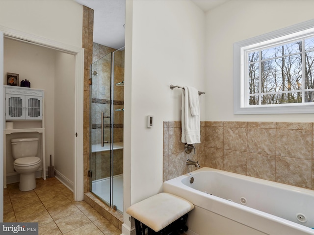 bathroom with tile patterned flooring, independent shower and bath, and toilet