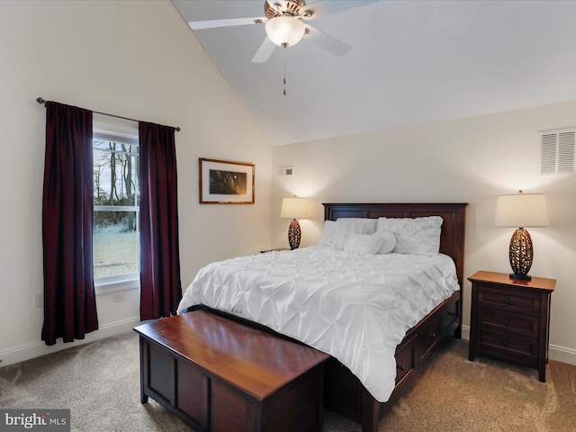 carpeted bedroom featuring ceiling fan, high vaulted ceiling, and multiple windows