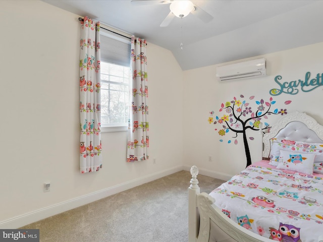 carpeted bedroom featuring ceiling fan, vaulted ceiling, and a wall mounted AC