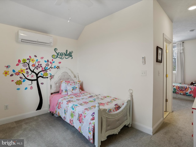 bedroom featuring vaulted ceiling, an AC wall unit, light colored carpet, and ceiling fan