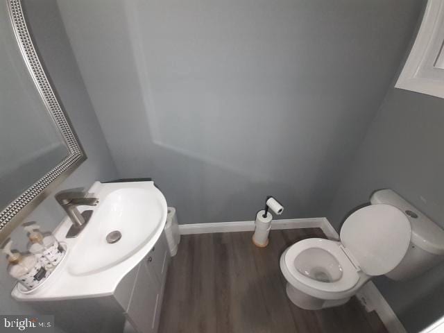 bathroom featuring vanity, toilet, and wood-type flooring