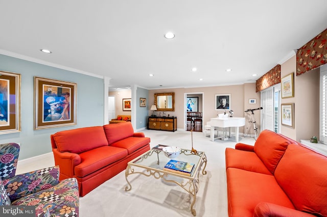 carpeted living area featuring baseboards, ornamental molding, and recessed lighting