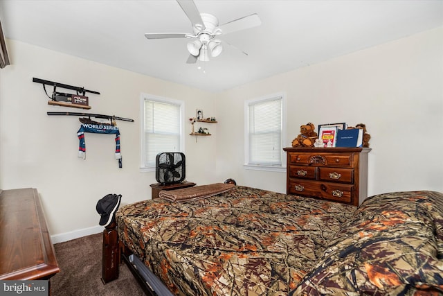 bedroom featuring ceiling fan and carpet floors