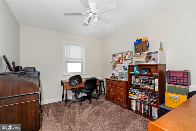 home office featuring ceiling fan and carpet floors