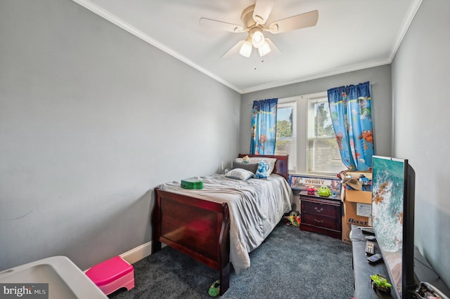 carpeted bedroom with ceiling fan and crown molding