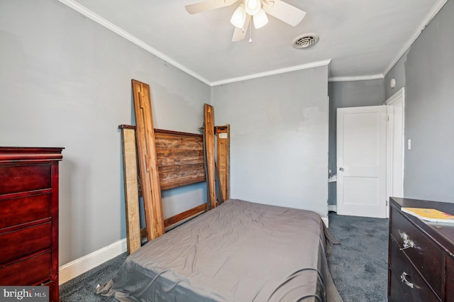 bedroom featuring carpet, ceiling fan, and crown molding