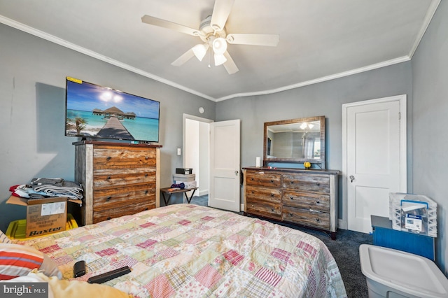 carpeted bedroom with ornamental molding and ceiling fan