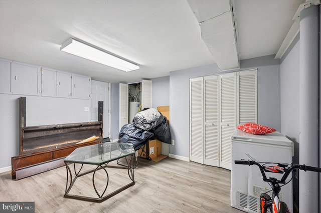 living area featuring water heater and light hardwood / wood-style floors