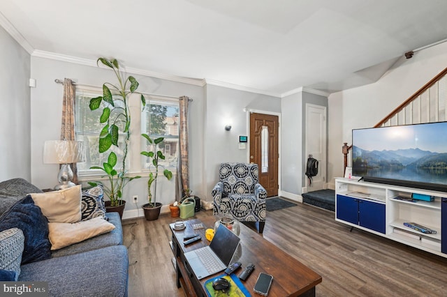 living room featuring ornamental molding and dark wood-type flooring