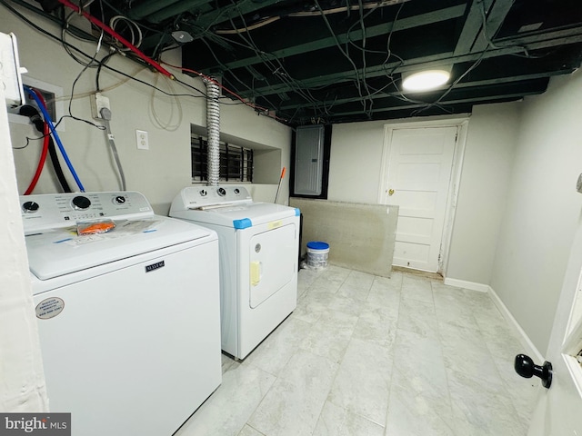 clothes washing area with washing machine and clothes dryer and electric panel