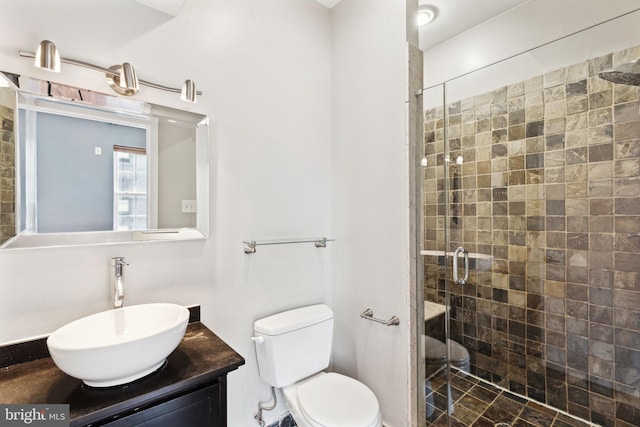 bathroom with vanity, a shower stall, and toilet