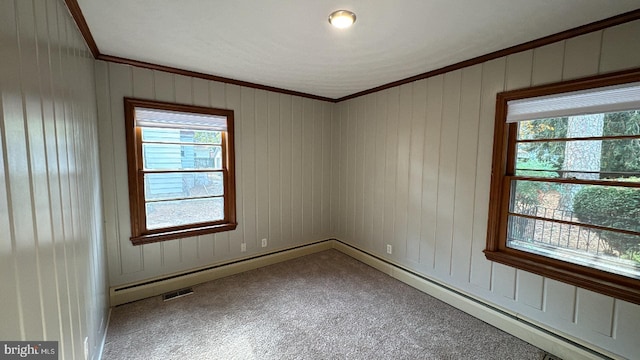 carpeted spare room with ornamental molding, wooden walls, a baseboard heating unit, and plenty of natural light