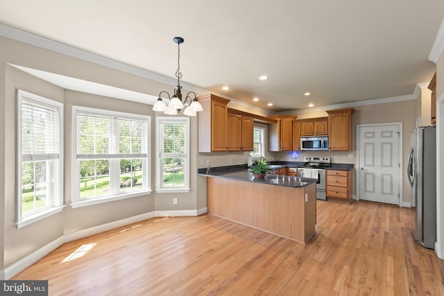 1159 Stoney Bottom Rd, Front Royal, VA 22630 - kitchen featuring stainless steel appliances, a peninsula, crown molding, a chandelier, and plenty of natural light