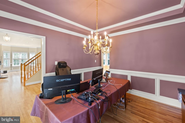 1159 Stoney Bottom Rd, Front Royal, VA 22630 - office featuring wood finished floors, a chandelier, ornamental molding, and a raised ceiling