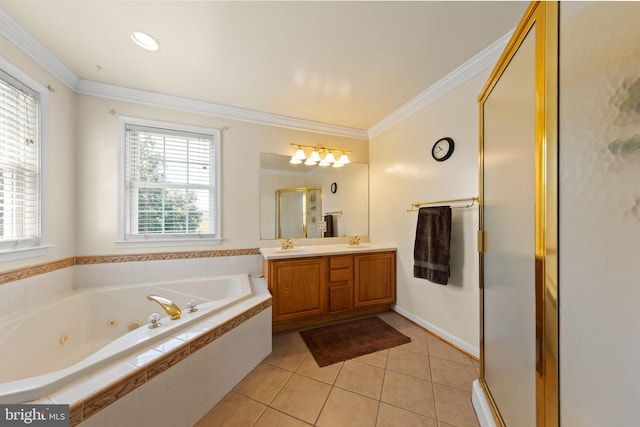 1159 Stoney Bottom Rd, Front Royal, VA 22630 - bathroom featuring a shower stall, a jetted tub, double vanity, tile patterned floors, and ornamental molding