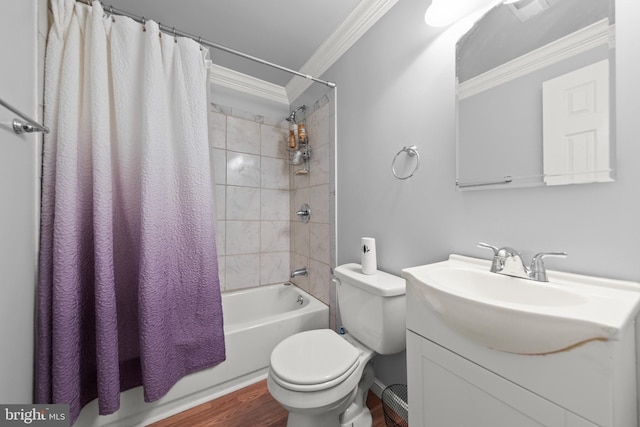 1159 Stoney Bottom Rd, Front Royal, VA 22630 - bathroom featuring crown molding, shower / bath combination with curtain, vanity, and wood finished floors