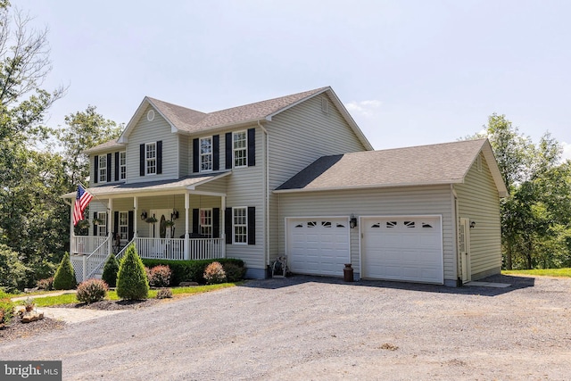 1159 Stoney Bottom Rd, Front Royal, VA 22630 - colonial inspired home with dirt driveway, covered porch, a garage, and a shingled roof