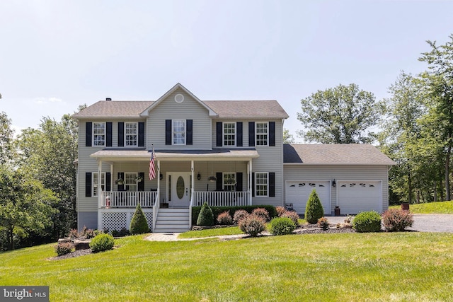 1159 Stoney Bottom Rd, Front Royal, VA 22630 - colonial-style house featuring covered porch, a garage, a front lawn, and driveway