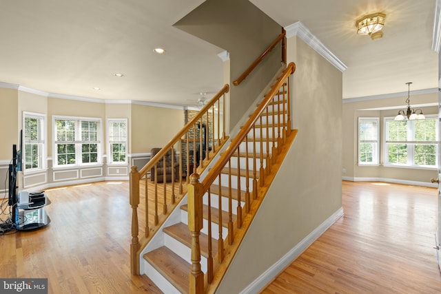 1159 Stoney Bottom Rd, Front Royal, VA 22630 - staircase featuring wood finished floors, ornamental molding, a chandelier, and recessed lighting