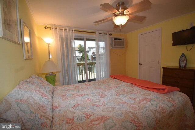 bedroom featuring access to exterior, ceiling fan, and a wall mounted air conditioner