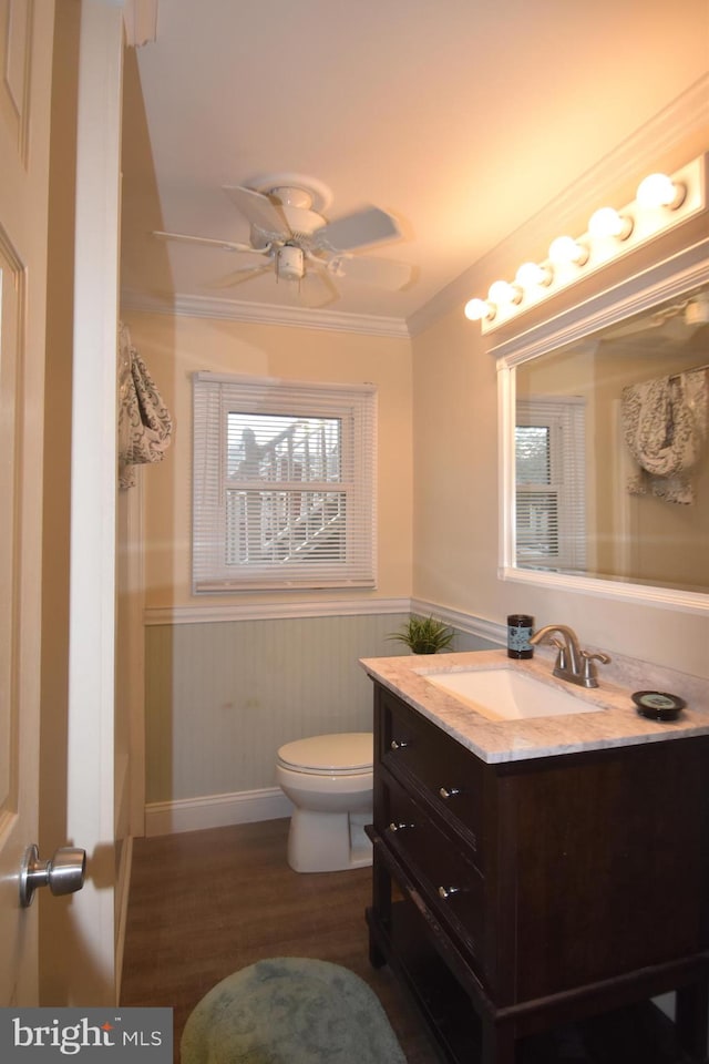 bathroom with hardwood / wood-style flooring, crown molding, toilet, ceiling fan, and vanity