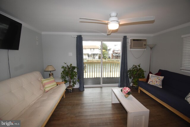 living room featuring crown molding, dark hardwood / wood-style flooring, a wall mounted air conditioner, and ceiling fan