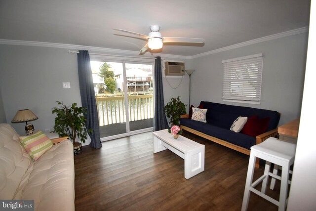 living room featuring ceiling fan, a wall unit AC, dark hardwood / wood-style flooring, and crown molding