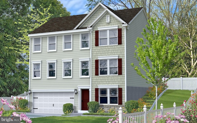 view of front facade with a garage and a front lawn