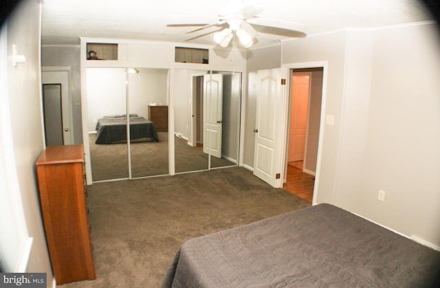 unfurnished bedroom with crown molding, dark carpet, ceiling fan, and a closet