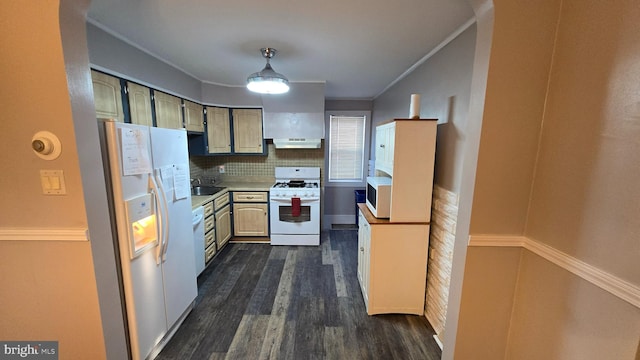 kitchen with tasteful backsplash, white appliances, ornamental molding, dark hardwood / wood-style floors, and sink