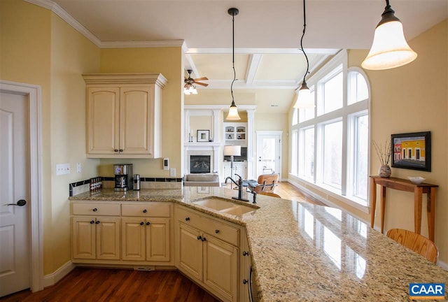 kitchen with light stone counters, a fireplace, cream cabinets, dark wood-type flooring, and a sink